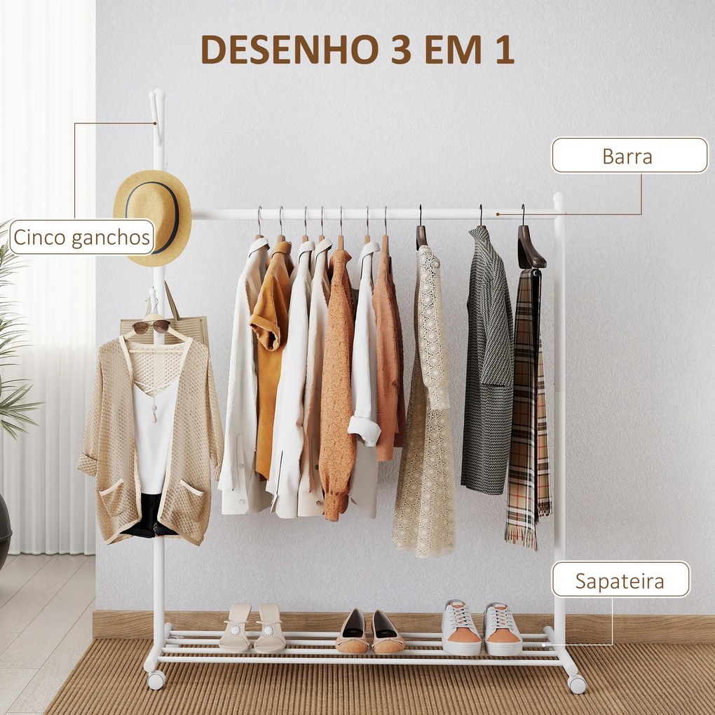 Guarda roupa com Rodas 5 Ganchos Barra para Pendurar e Prateleira Inferior 120x43x171 cm Branco