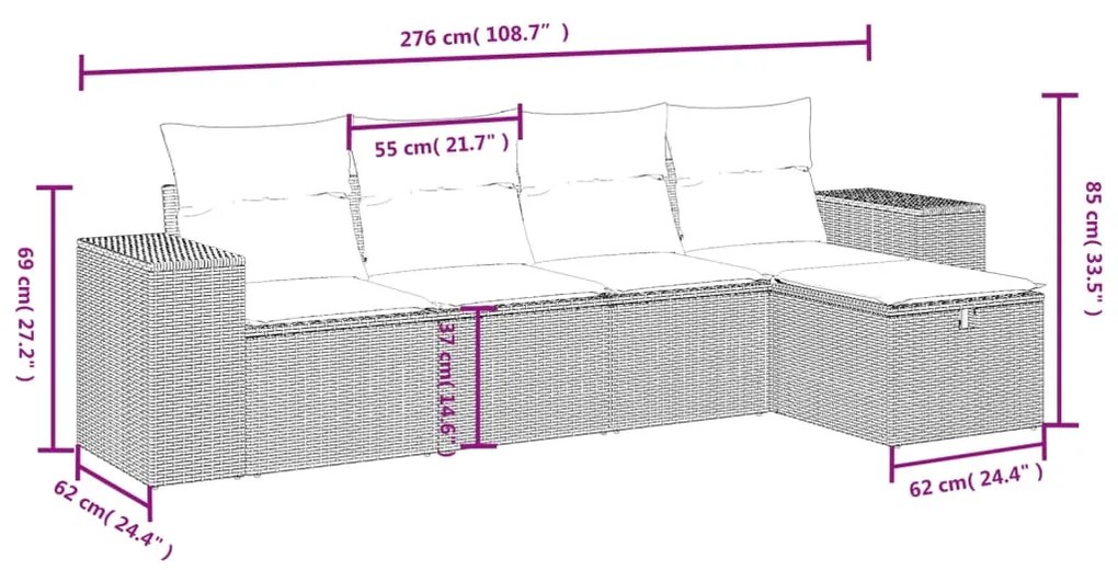 5 pcs conjunto sofás p/ jardim c/ almofadões vime PE castanho