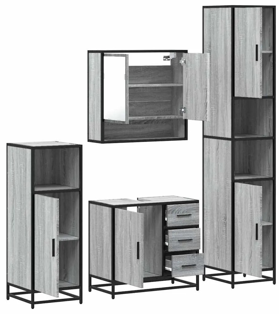 4 pcs Conjunto móveis casa de banho madeira proc. cinza sonoma