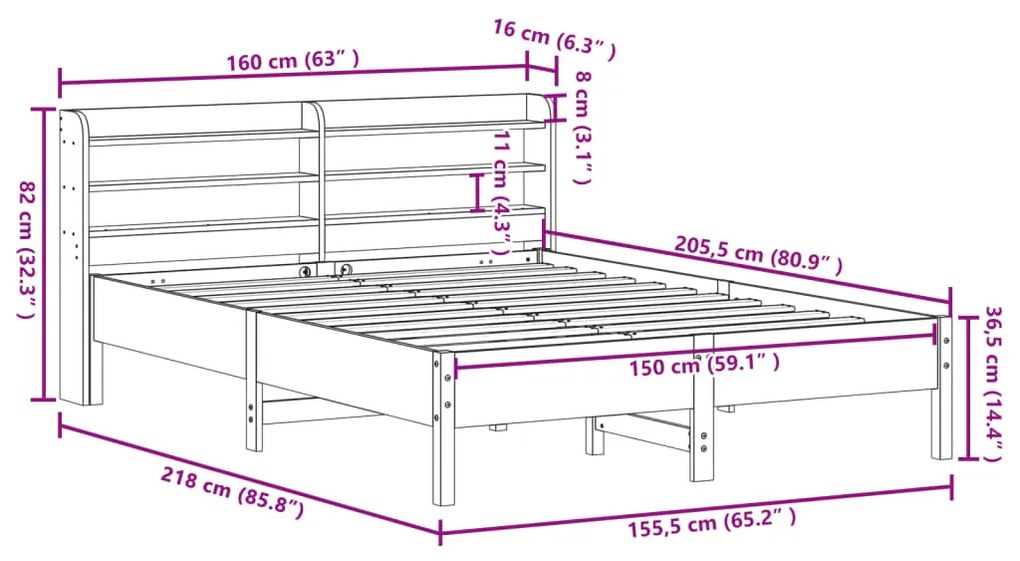 Cama sem colchão 150x200 cm madeira pinho maciça castanho-mel