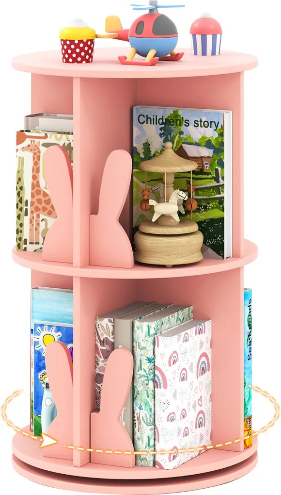 Estante giratória para crianças 40 x 40 x 65 cm Estante infantil com 2 níveis e separadores em forma de coelho  Rosa