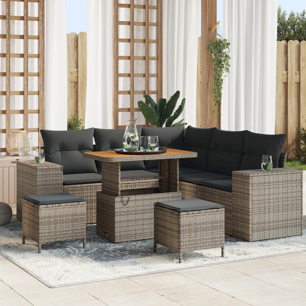 Conjunto de Sofás de Jardim de 8 Peças com Almofadas Cinza Rattan PE A
