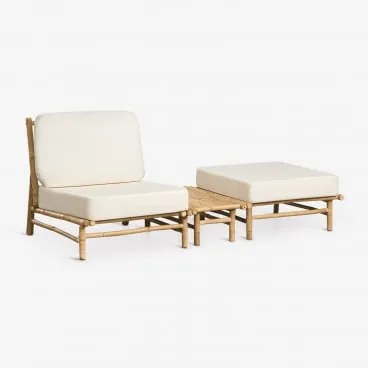Conjunto De Jardim Com Poltrona, Puff E Mesa Auxiliar Retangular 75x40 Cm Em Bambu Isendra Tecido Branco - Sklum