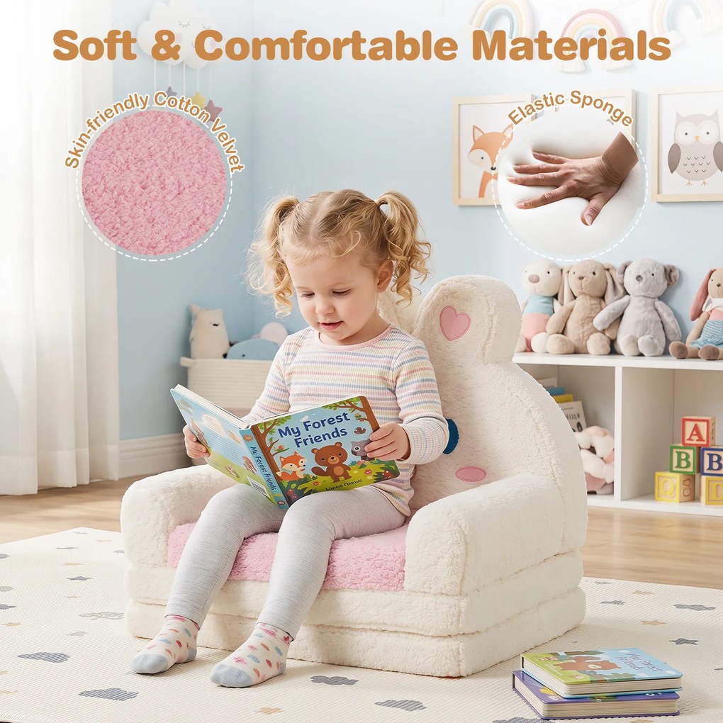 Sofá Infantil de Coelho 2 em 1, 57 x 44 x 54 cm, Convertível em Colchonete, Rosa
