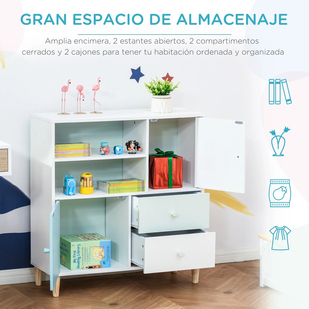 HOMCOM Móvel Infantil Cómoda para Crianças com 2 Compartimentos 2 Gavetas e 2 Armários para Armazenamento de Livros Brinquedos Roupa 80x30x85cm Azul Verde Menta Branco