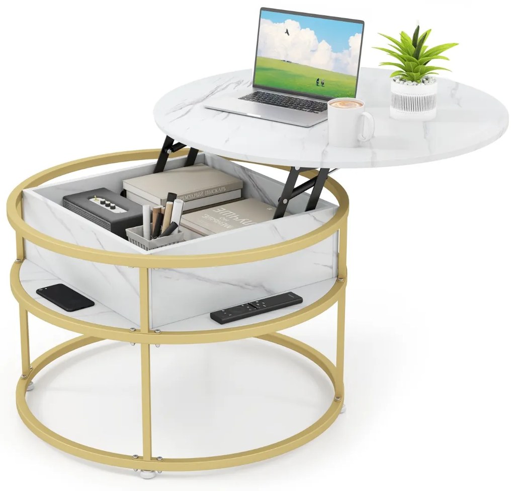Mesa de Centro Elevável Redonda de 80 cm com Compartimento Oculto e Estantes Laterais Branco e dourado