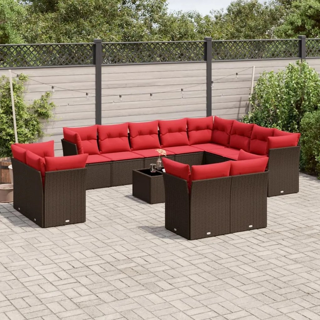 vidaXL 13 pcs conjunto sofás p/ jardim c/ almofadões vime PE castanho