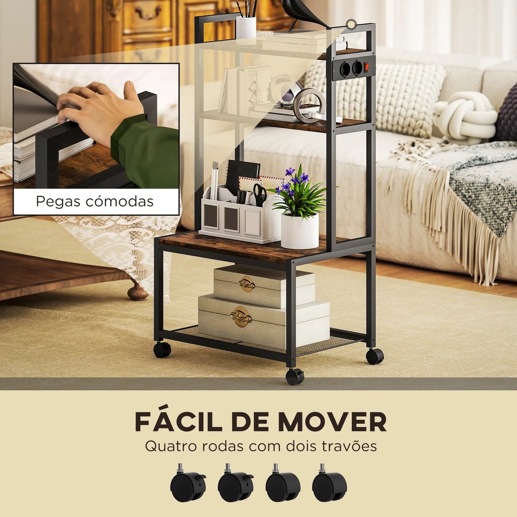 Suporte para Impressora com Estação de Carregamento Móvel para Impressora de 4 Níveis com Rodas e Estrutura Metálica 55x37,5x100 cm Castanho Rústico