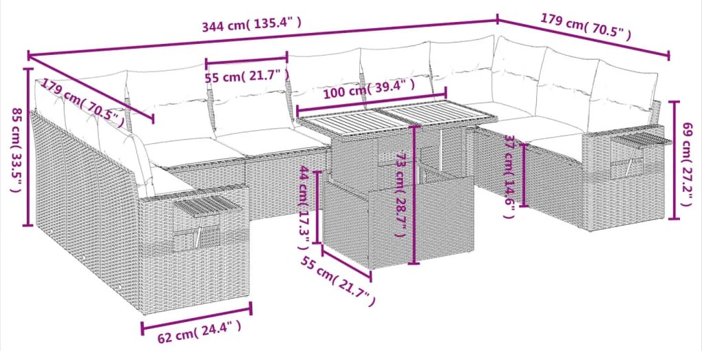 11 pcs conjunto sofás de jardim c/ almofadões vime PE preto