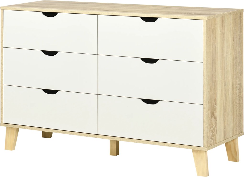 Cómoda de 6 gavetas em estilo escandinavo 120L x 40P x 76A cm, móvel de arrumação cor carvalho e bege
