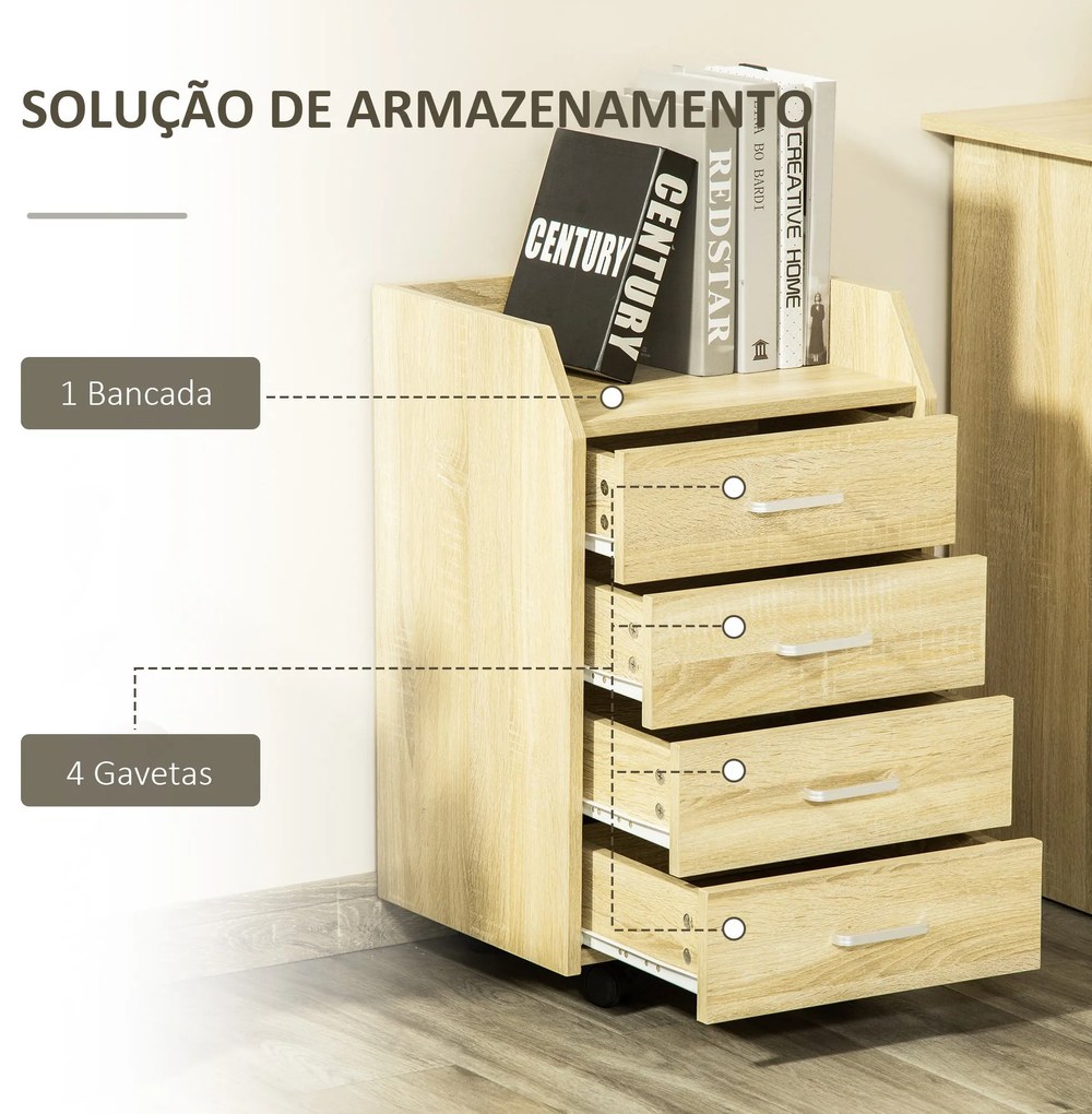 Bloco de Gavetas Móvel Auxiliar com 4 Gavetas Bancada Superior de Armazenamento 4 Rodas e 2 Freios para Estúdio Escritório 40x36x65cm Carvalho