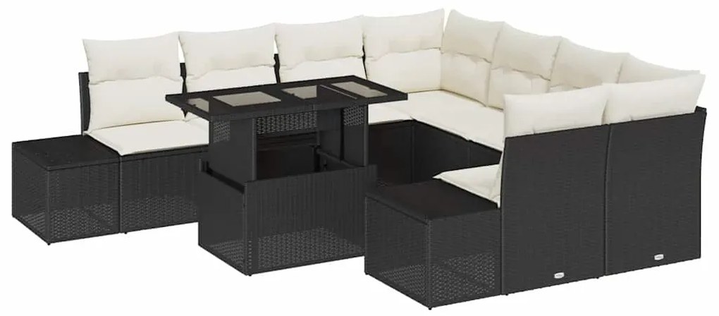 Conjunto de Sofá de Jardim com 9 Peças e Almofadas Preto em Rattan de