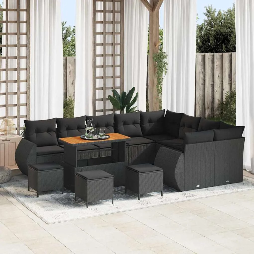 vidaXL Conjunto de Sofá de Jardim com 13 Peças e Almofadas Pretas em Rattan Sintético de Acácia.
