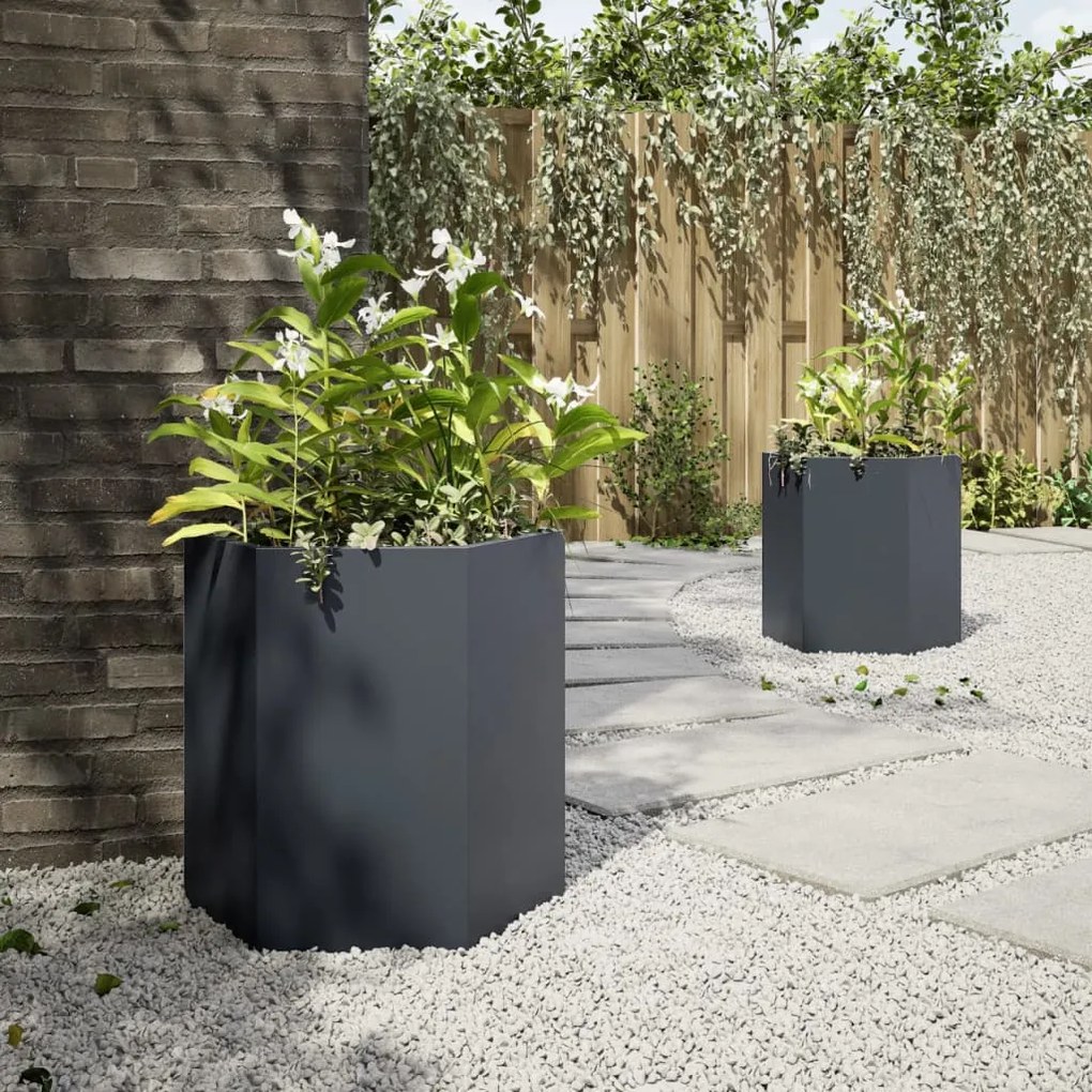 Vasos floreiras jardim 2 pcs hexagonal 46x40x45cm aço antracite