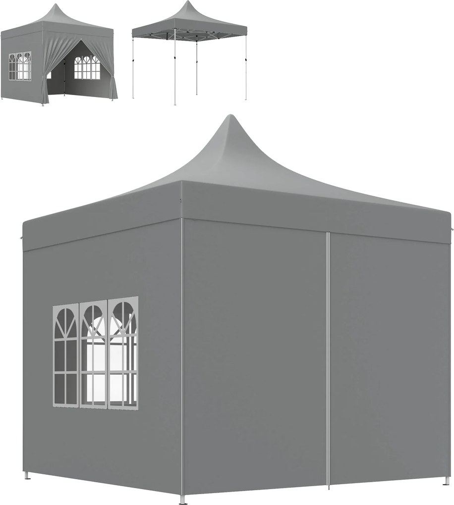 Tenda de jardim dobrável 3 x 3 m, 4 paredes laterais removíveis, 3 janelas, altura ajustável, saco de transporte cinzento