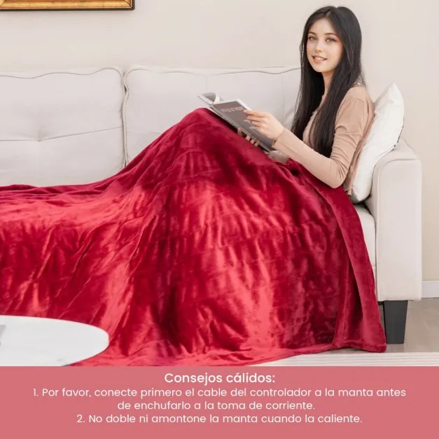 Cobertor elétrico térmico 150 x 200 cm tecido de flanela lavável à máquina proteção contra superaquecimento Vermelho
