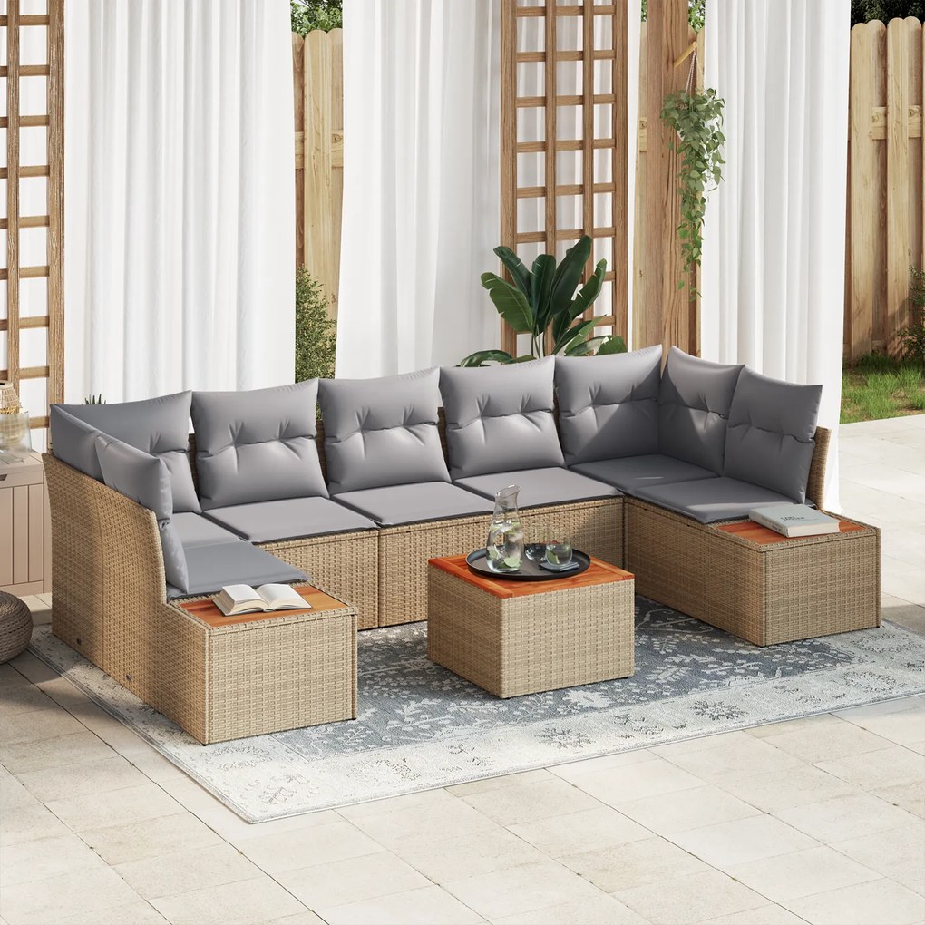 vidaXL Conjunto de Sofá de Jardim de 8 Peças com Almofadas Bege Poli Rattan Acácia