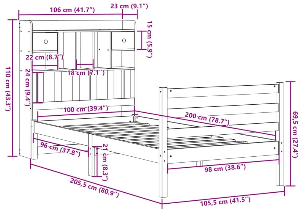Cama com estante sem colchão 100x200 cm pinho maciço branco