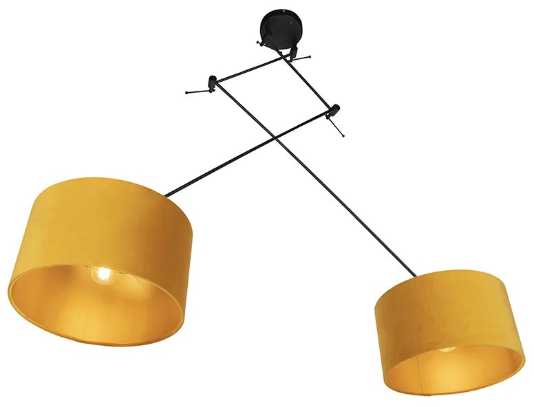 Candeeiro de suspensão preto com cúpulas de veludo ocre com dourado 35 cm - Blitz Country / Rústico
