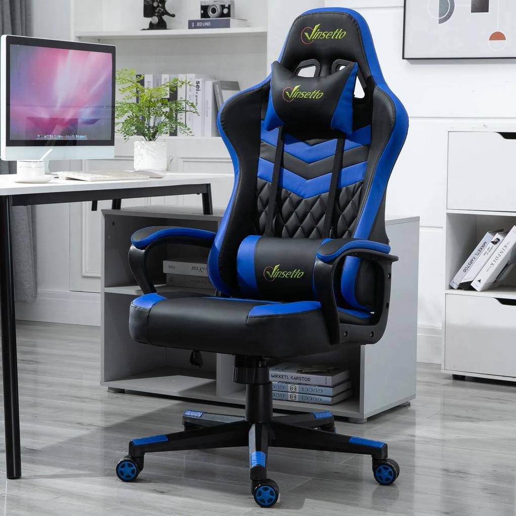 Vinsetto Cadeira de escritório gaming Ergonômico Altura ajustável Reclinável Rotativo com apoio de cabeça Almofada lombar 61x70x121-129 cm Azul