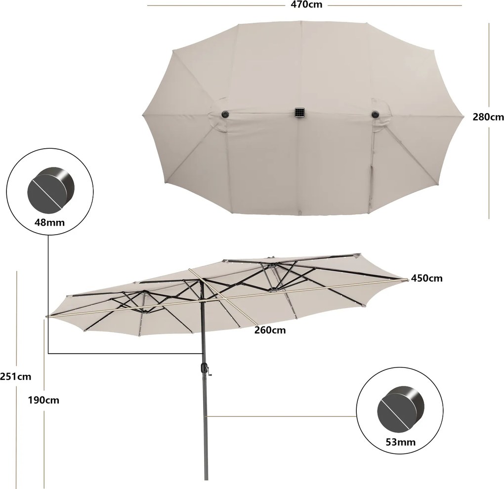 Conjunto de guarda-sol dupla face de 470 cm com 48 luzes LED solares e base recheável de 80 kg, com sistema de manivela, para jardim e piscina Bege
