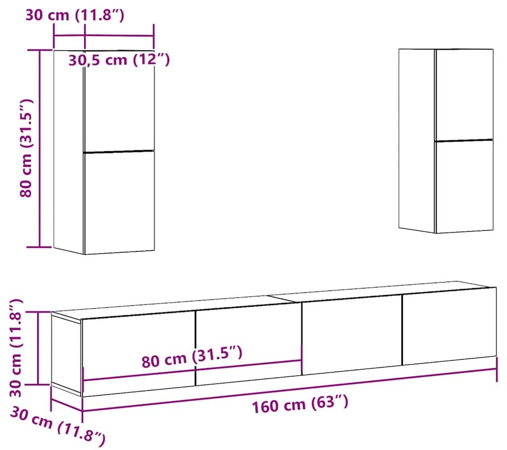 Conjunto de armário TV parede 4 pcs madeira carvalho artisiano