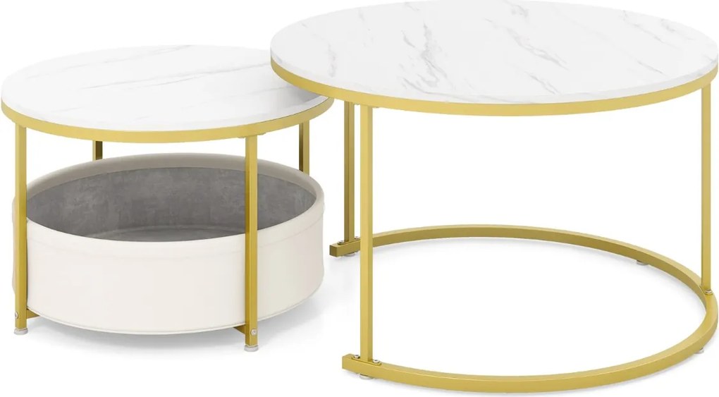 Conjunto de 2 mesas de centro redondas de 80 e 60 cm com cesto de tecido e estrutura metálica brancas e douradas