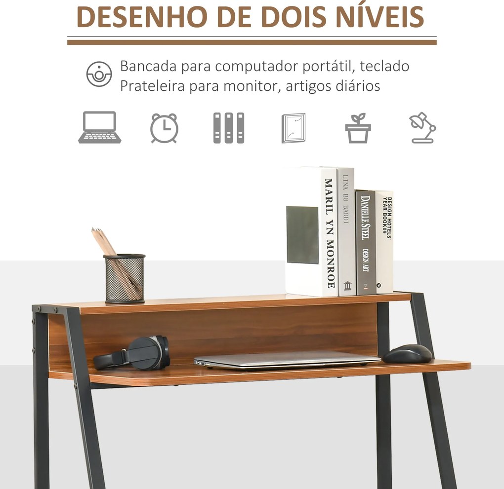 Secretária Mesa de Computador 84x45x85cm com Bancada de Madeira e Pés de Metal Estilo Moderno para Escritório Estúdio Dormitório Carga Máxima 20kg Nog