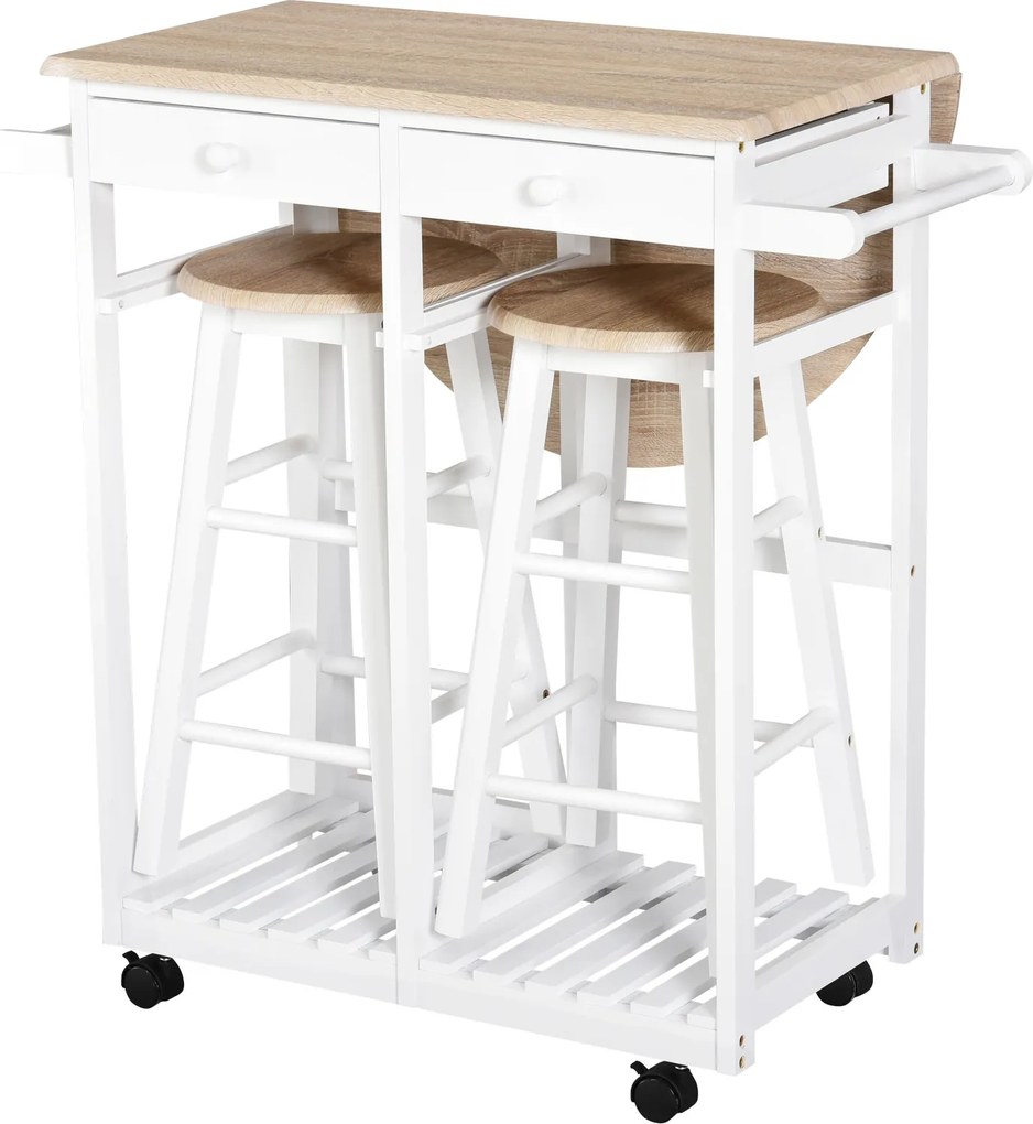 Conjunto de Mesa de Bar Dobrável com 2 Bancos, 83 x 74 x 83 cm, Com Rodas, Branco e Carvalho Claro