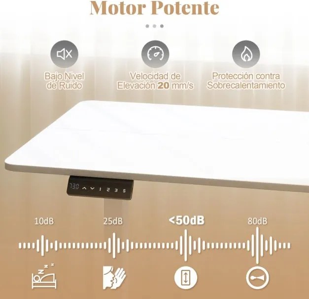 Secretária elétrica ergonómica 120 x 60 x 73-118 cm com 3 ajustes de memória e proteção anticolisão branca