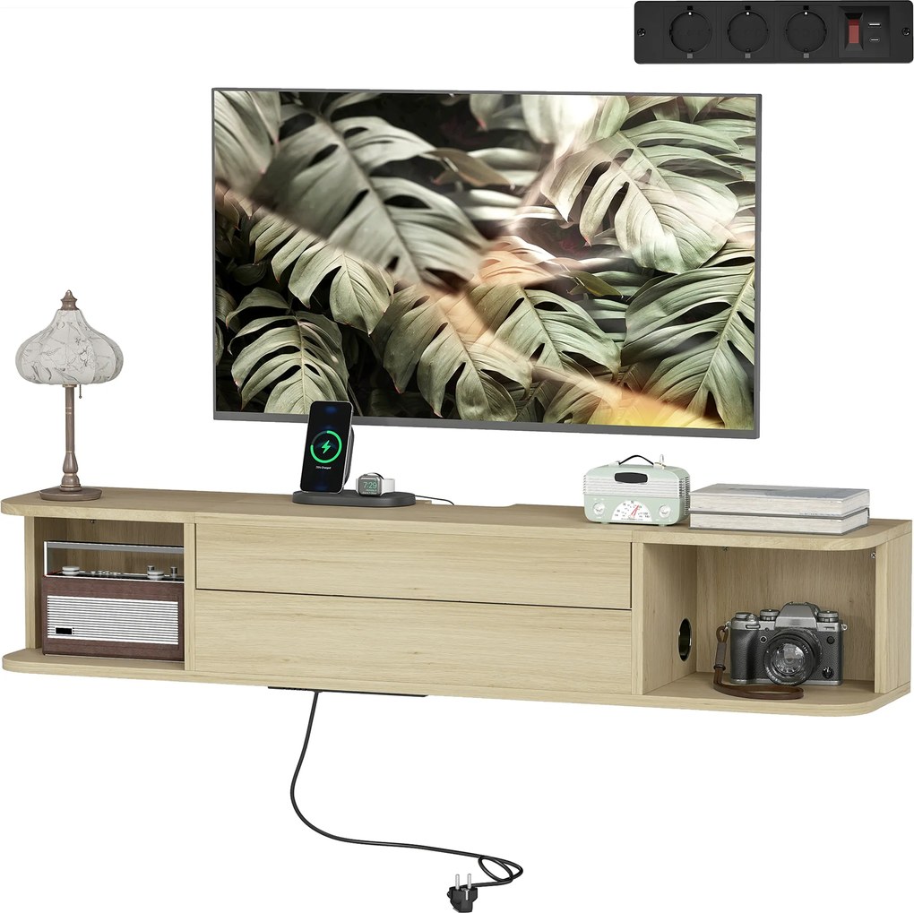 Móvel de TV suspenso para televisores de 50 polegadas 120 x 24 x 22,4 cm,, com gaveta, prateleiras e passadores de cabos com efeito de madeira natural