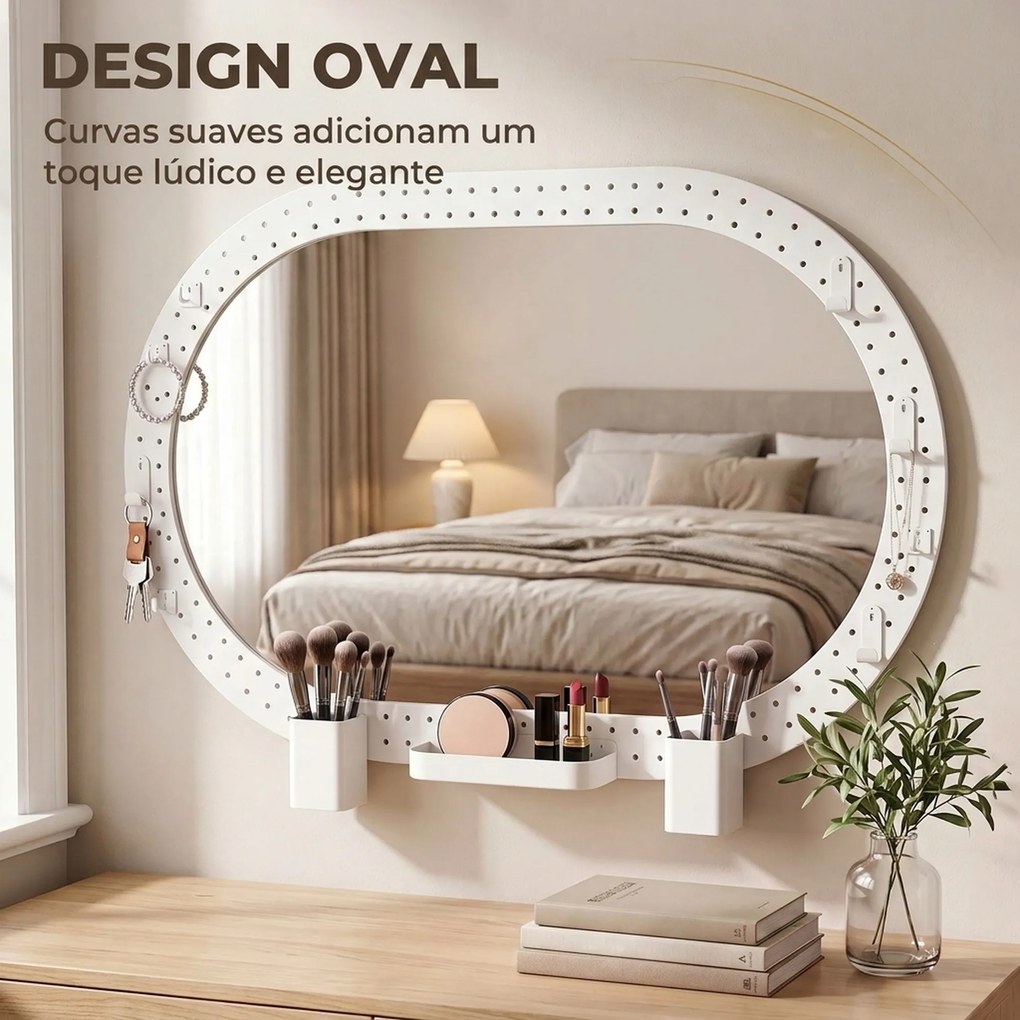 Espelho de Parede Decorativo com Painel Perfurado 90x60 cm para Sala e Quarto Branco