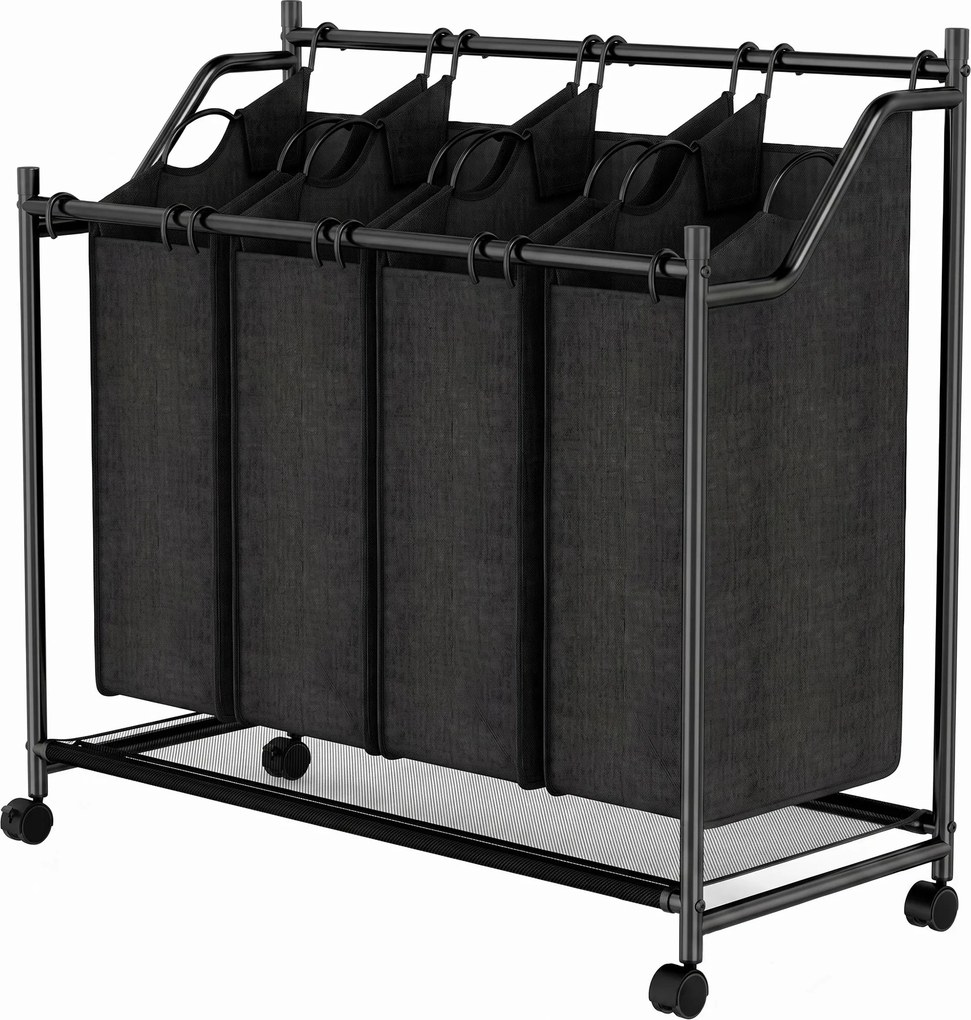 HOMCOM Coletor de roupa com alça, cesto de roupa rolante de 108 L com 4 compartimentos e rodízios, Preto | Aosom Portugal