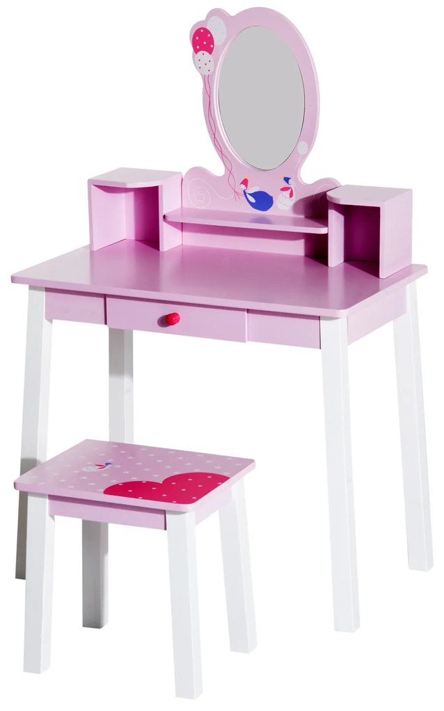 Toucador Infantil com Banco e Espelho tipo Princesa Mesa-de-Maquilhagem-de-Madeira -Cor-de-Rosa- 59 x 39 x 92 cm
