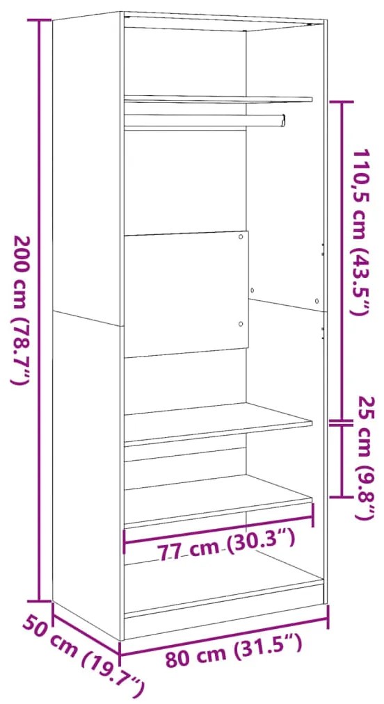 Roupeiro 80x50x200 cm derivados de madeira cinzento sonoma