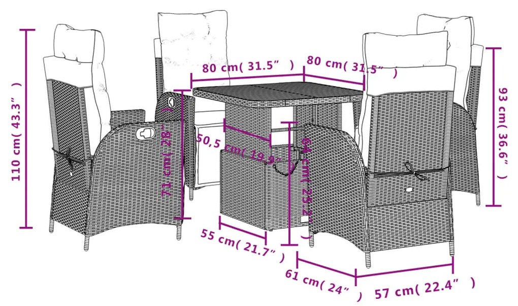 5 pcs conjunto de jantar p/ jardim com almofadões vime PE bege