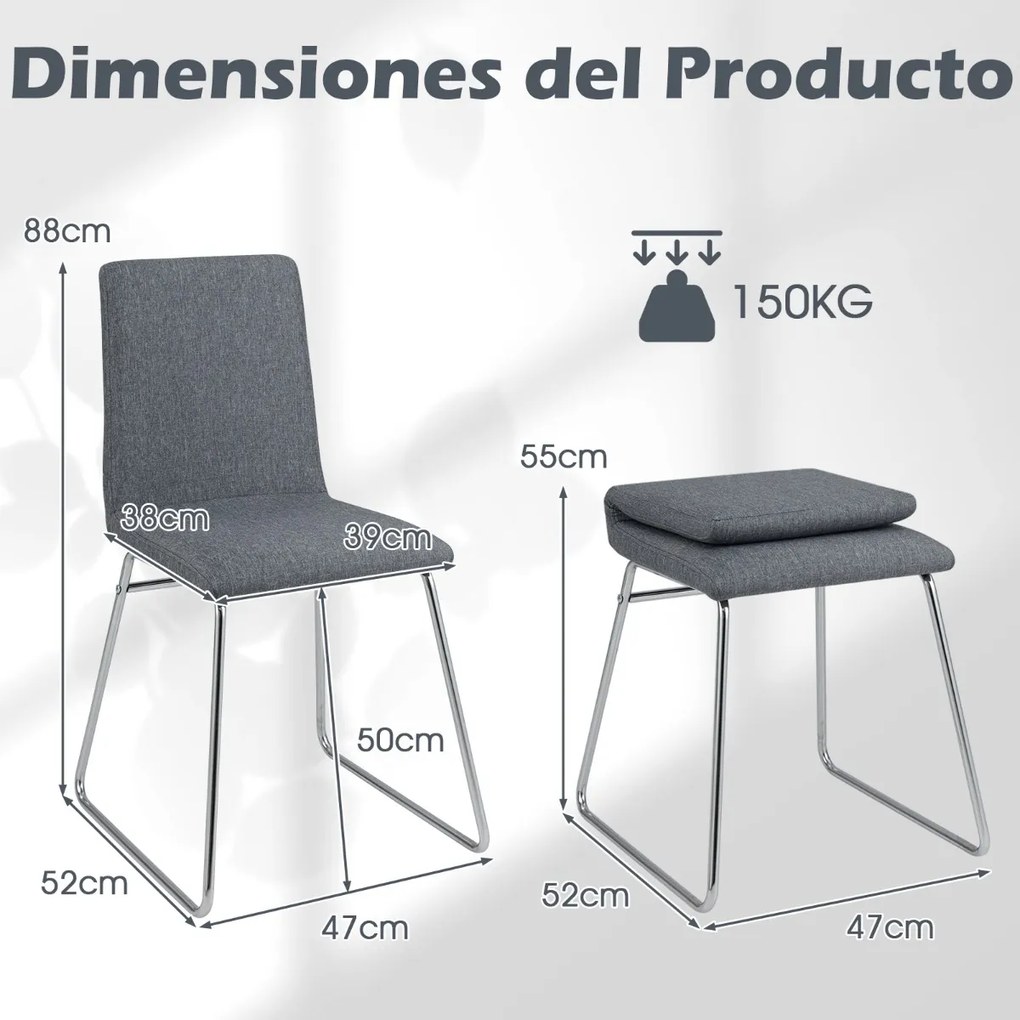 Conjunto 2 Cadeiras de Jantar Modernas Estofadas com Encosto Dobrável e Estrutura Metálica 52 x 47 x 88 cm Cinza