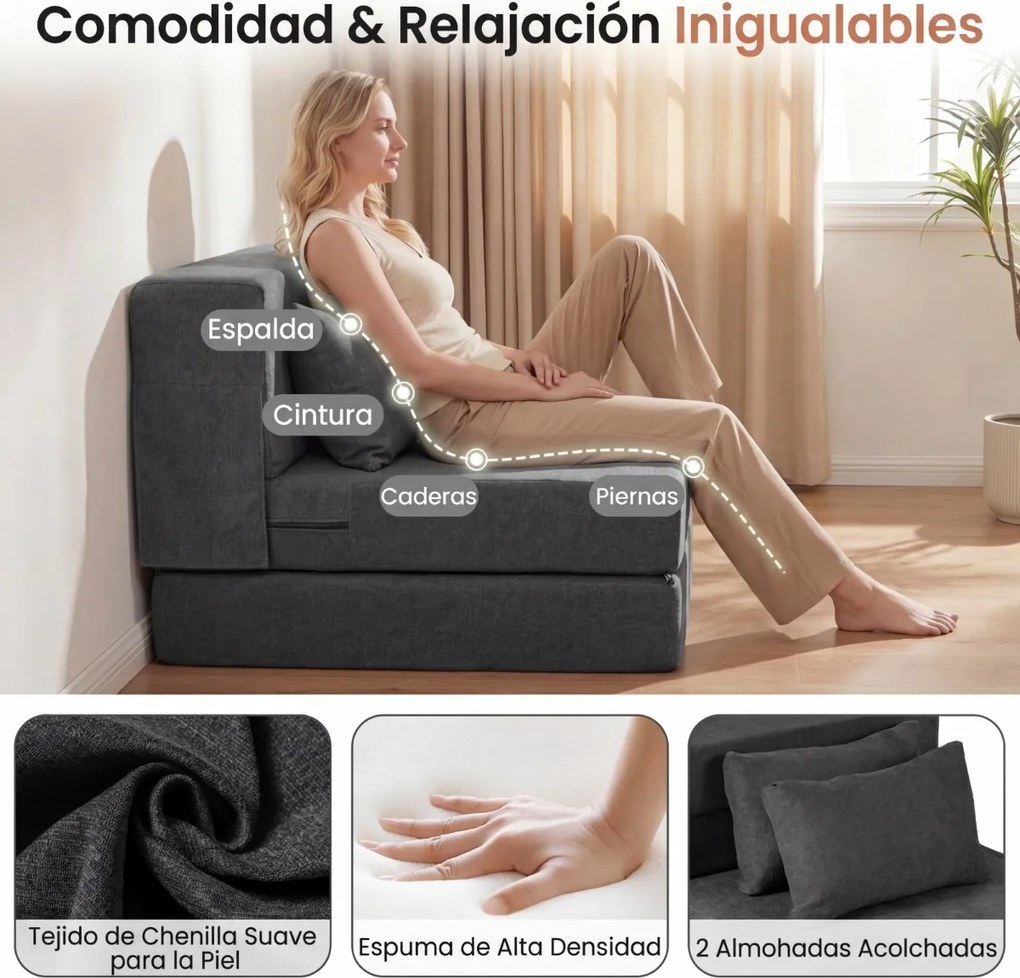 Sofá-cama futon dobrável 3 em 1 com 2 almofadas, em tecido de chenille , para sala, quarto ou escritório cinza
