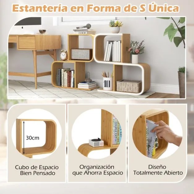 Estante de bambu de 2 níveis em forma de S com 2 cubos abertos geométrica para escritório em casa Natural