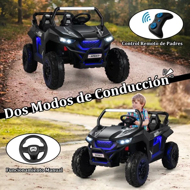 Carro elétrico infantil a bateria com 2 lugares 12 V com controle remoto 2.4G Música em alta / baixa velocidade 3 a 8 anos 118 x 74 x 71 cm Preto