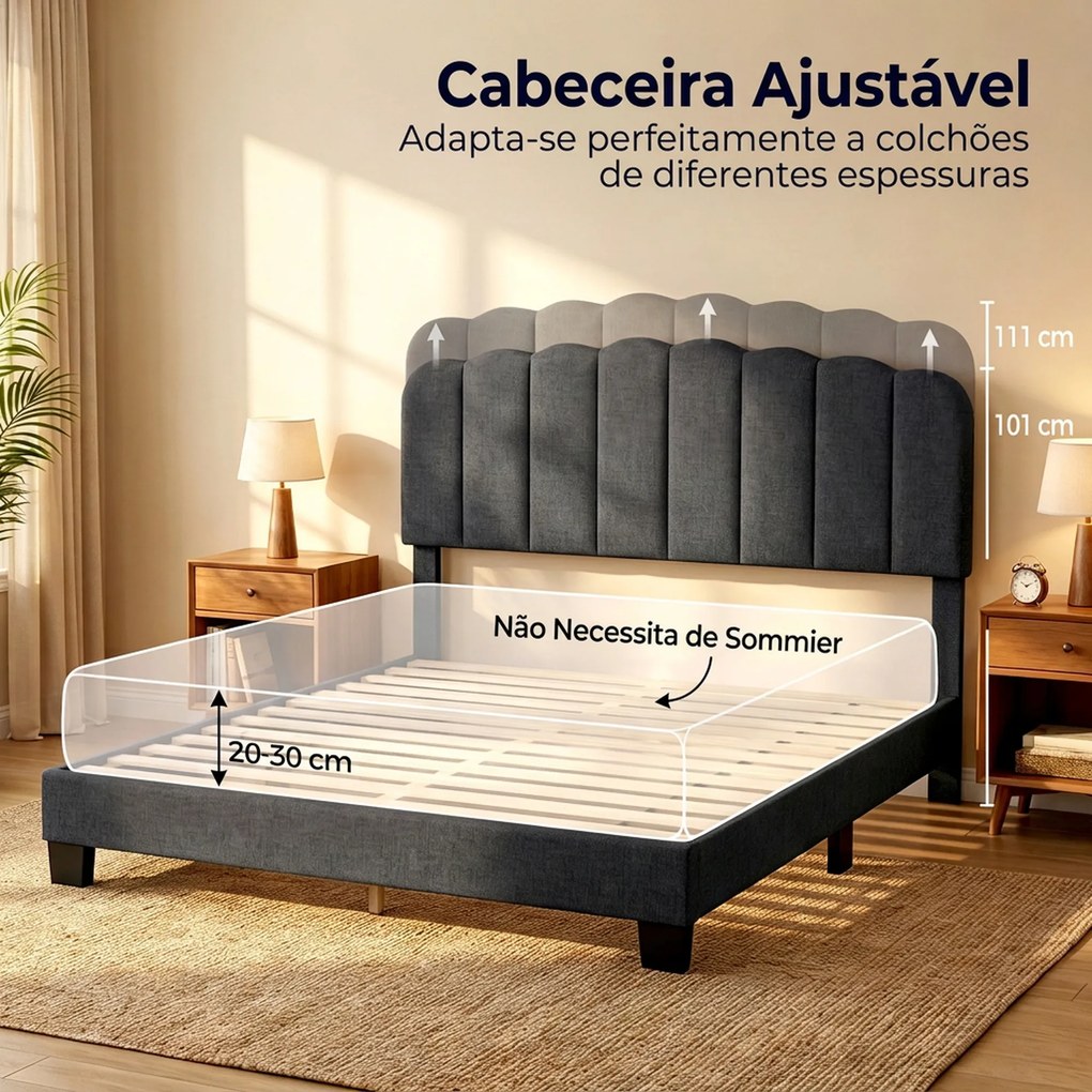 Cama de Casal Estofada 160x200 cm (COLCHÃO NÃO INCLUIDO) com Cabeceira Ajustável Acolchoada Ripas de Madeira Cinzento-Antracite