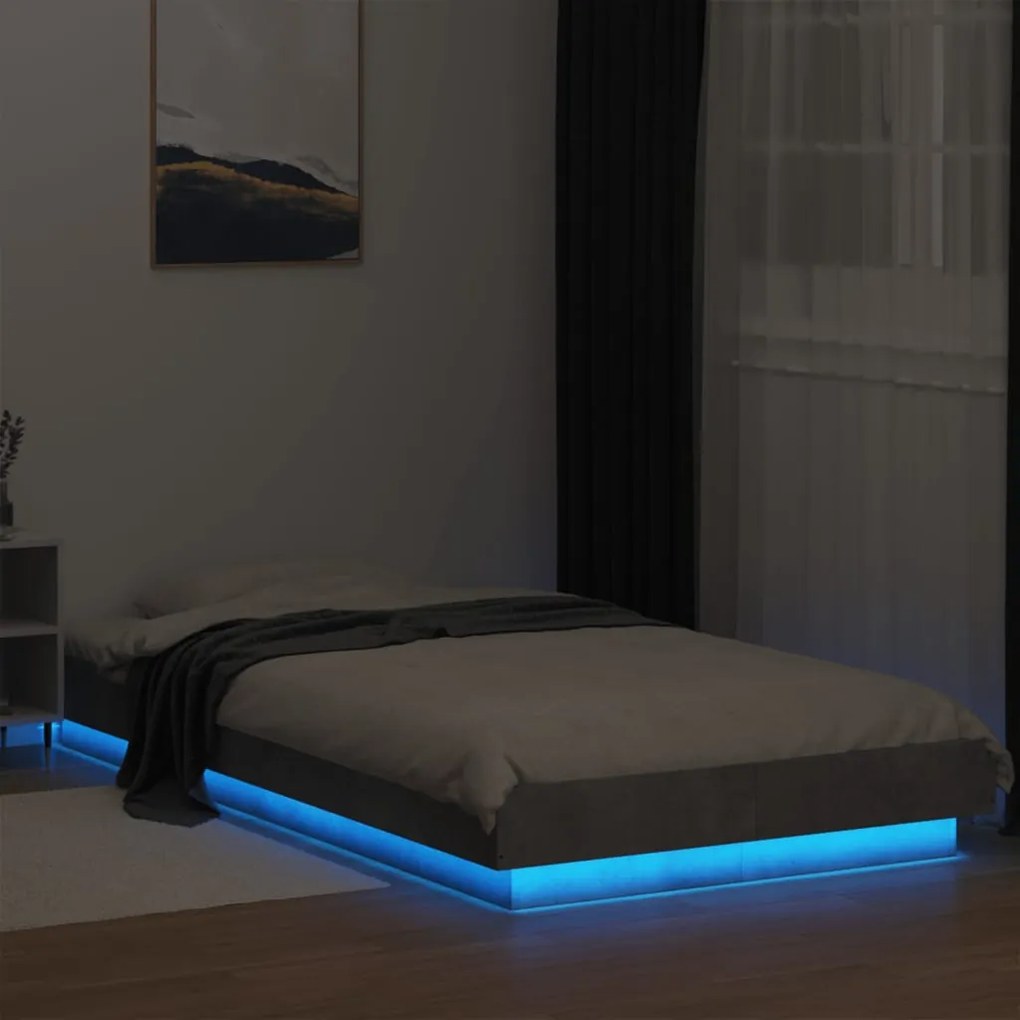 Estrutura de cama c/ luzes LED derivados madeira cinza cimento