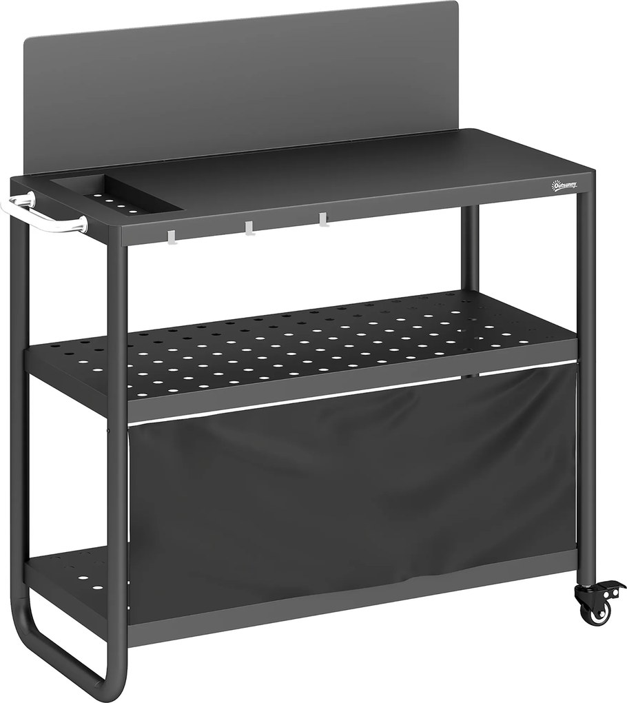 Outsunny Carrinho de churrasco exterior, mesa de três níveis com tampo em aço, suporte para forno de pizza com ganchos, suporte para temperos, preto | Aosom Portugal