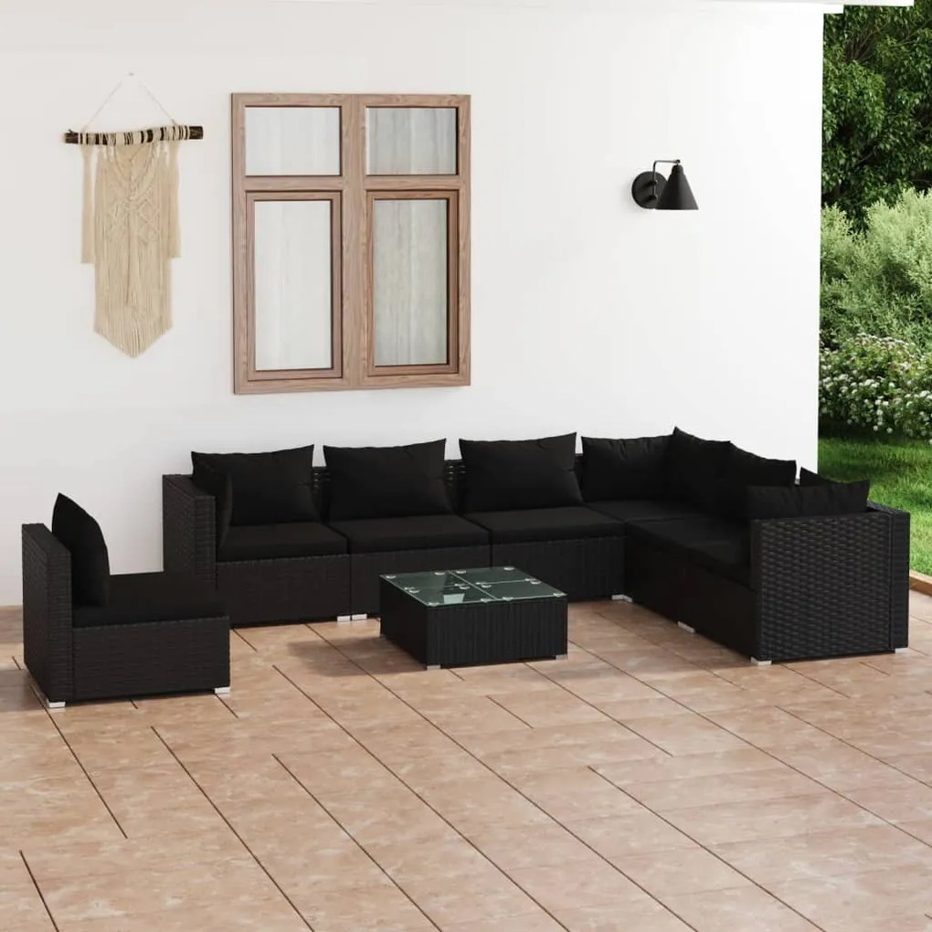 8 pcs conjunto lounge de jardim c/ almofadões vime PE preto