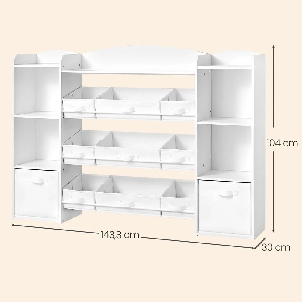 Estante infantil 30 x 143,8 x 104 cm com 4 compartimentos abertos, estante infantil, 9 caixas centrais e 2 caixas laterais Branca