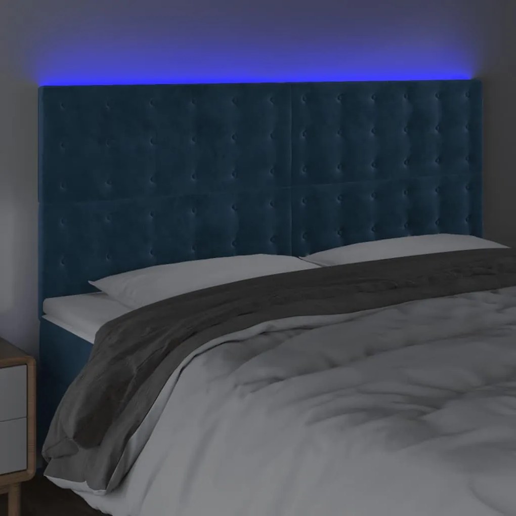 Cabeceira cama c/ luzes LED veludo 160x5x118/128cm azul-escuro