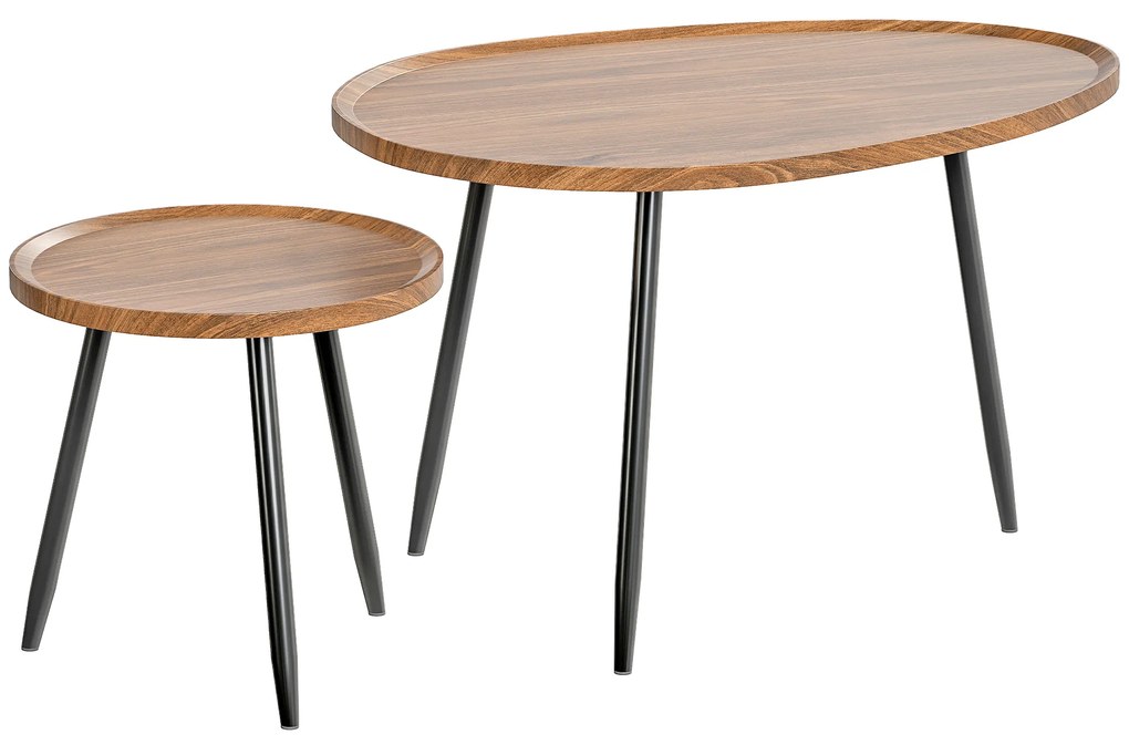 Conjunto de 2 Mesas Auxiliares com Pés de Metal 80x55x49 cm e Ø40x39 cm Madeira e Preto