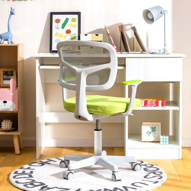 Cadeira de secretária ergonómica para crianças com rodas Cadeira giratória para computador Apoio lombar ajustável em altura Verde