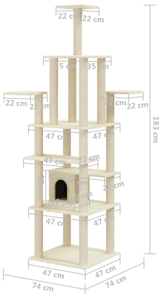 Árvore para gatos c/ postes arranhadores sisal 183 cm cor creme