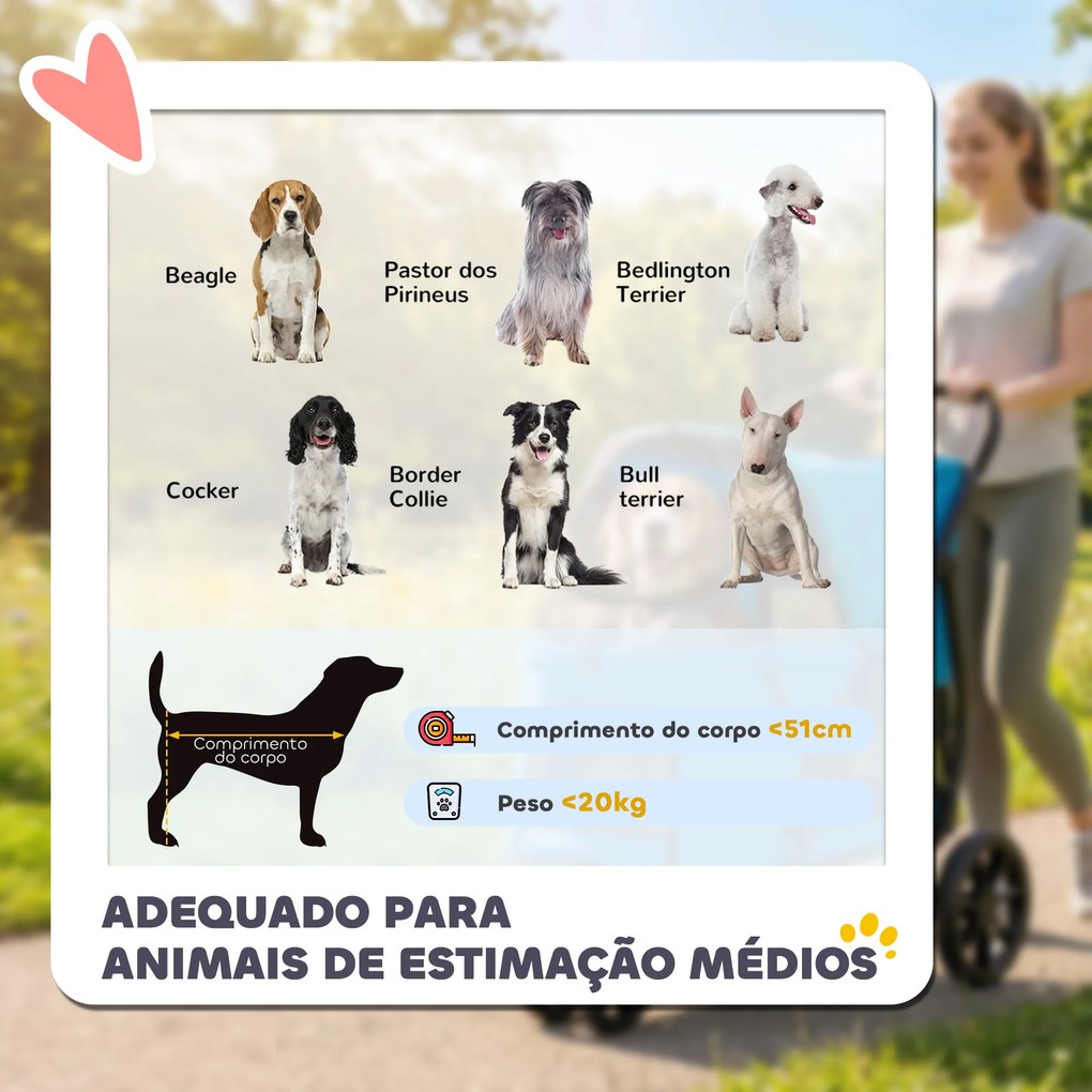 Carrinho para Cães Dobrável com 3 Rodas Janelas de Rede Almofada Lavável Todo o Terreno Carga 20 kg 92x63x95 cm Azul